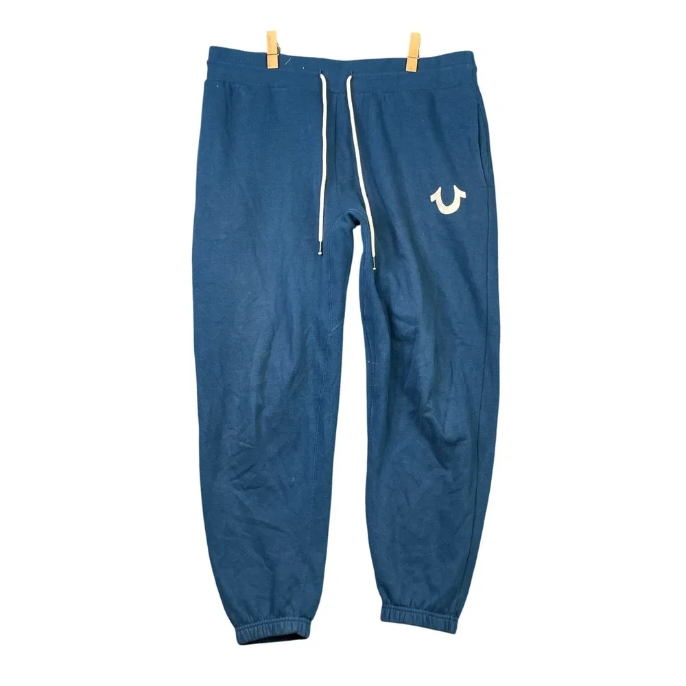 True Religion Sweatpants Mens XL Blue Horseshoe Logo Fleece Joggers Streetwear
